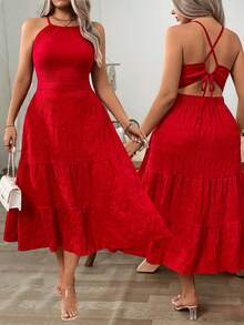 SHEIN Clasi Plus Size Women Solid Color Waist Ruffle Hem Halter Maxi Dress - Red - View 1