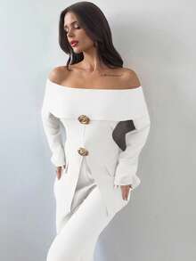 Firerie Bộ 2 món áo dài tay trễ vai thanh lịch và quần dài cho nữ khi đi làm - trắng - Xem 2