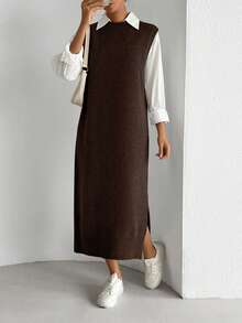 SHEIN LUNE Women's All-Match Versatile Commuter Long Dress - Coffee Brown - View 3