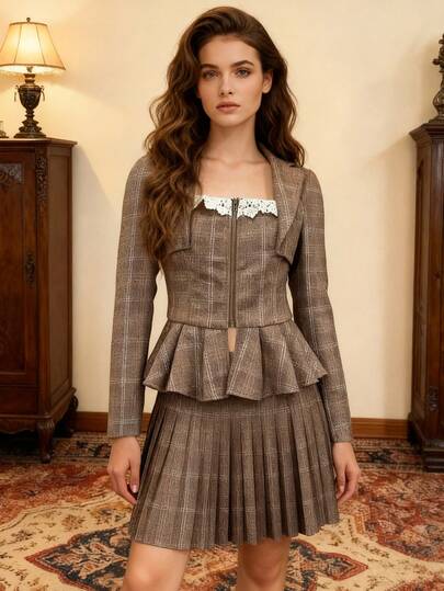 ÉTHER D'OR Women's Elegant Ruffle Hem Plaid Jacket