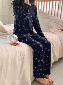 Dazy Kids Tween Girl Butterfly Print Long Sleeve & Pants Pajama Set - Navy Blue - View 5