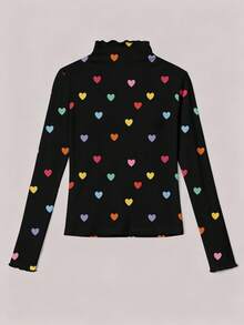 SHEIN EZwear Lässiges, süßes, bunter Herz-Muster Rüschen-Manschette & Kragen Schwarz Damen Große Größen T-Shirt, Herbst/Winter