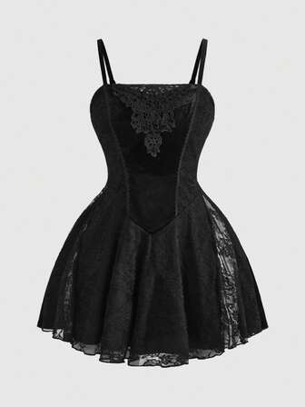 Goth Women's Dark Halloween Velvet & Contrast Lace Slip Dress
