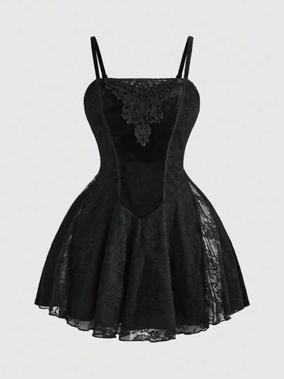Goth Women's Dark Halloween Velvet & Contrast Lace Slip Dress