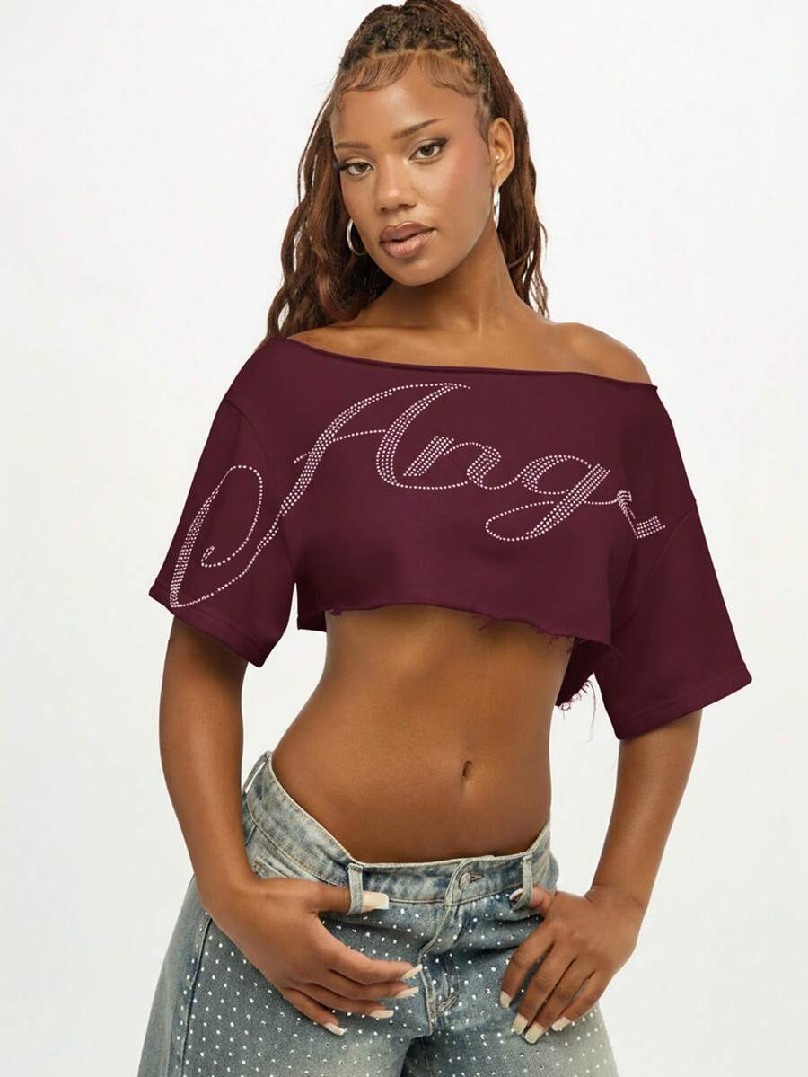 SUMWON WOMEN Áo crop top hở vai đính đá lấp lánh, tay ngắn, thích hợp mặc thường ngày vào mùa hè - Màu Đỏ Sâu - Xem 1
