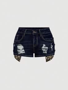 ROMWE J-Fashion Quần short denim nữ Kpop Gyaru Harajuku Midriff họa tiết da báo cổ điển cạp thấp bó sát cạp siêu thấp - Rửa tối - Xem 3
