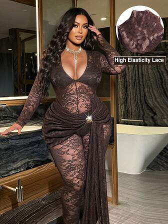 NU&NOW Plus Size Women Sexy Sheer Lace Deep V Twist Tie Metallic Buckle Long Sleeve Jumpsuit