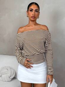 SHEIN Glamour Brown Casual Faux Fur Knit Asymmetric Collar Long Sleeve Fitted Women T-Shirt, Suitable For Daily Wear, Outing, And Gathering With Friends Brown Sweater Brown Two Piece Set Women Knit Top Women Off Shoulder Top,Brown Sweater,Winter,Halloween,Christmas,New Year,Thanksgiving,Elegant,Casual,Striped T-Shirt - Brown - View 3