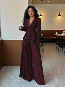 Elenzga 大码女式优雅通勤复古酒红色翻领金属边黑色纽扣装饰不规则荷叶边下摆泡泡袖长袖收腰修身西装外套 + 大码女式优雅通勤复古酒红色褶裥阔腿裤 - 酒紅色 - 查看 3