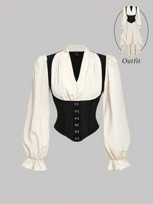 SHEIN MOD Áo sơ mi nữ tay phồng xếp ly phối màu tương phản 2 trong 1 - Đen và trắng - Xem 3