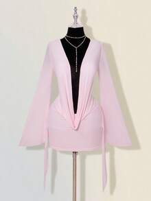 SHEIN ICON Sexy Oversized Cowl Neck Mesh Patchwork Backless Mini Dress - Pink - View 3
