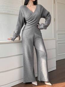 DAZY 女士优雅通勤交叉裹身毛衣和针织裤两件套