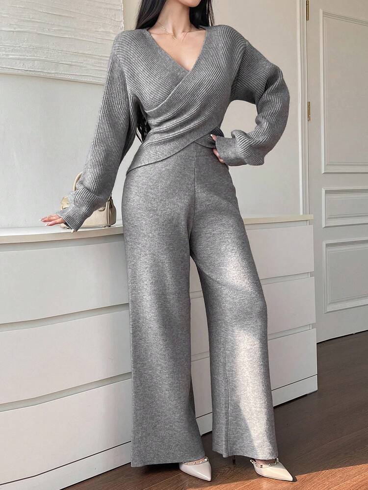 Women's Elegant Commuter Criss-Cross Wrap Sweater & Knit Pants 2 Pieces Set