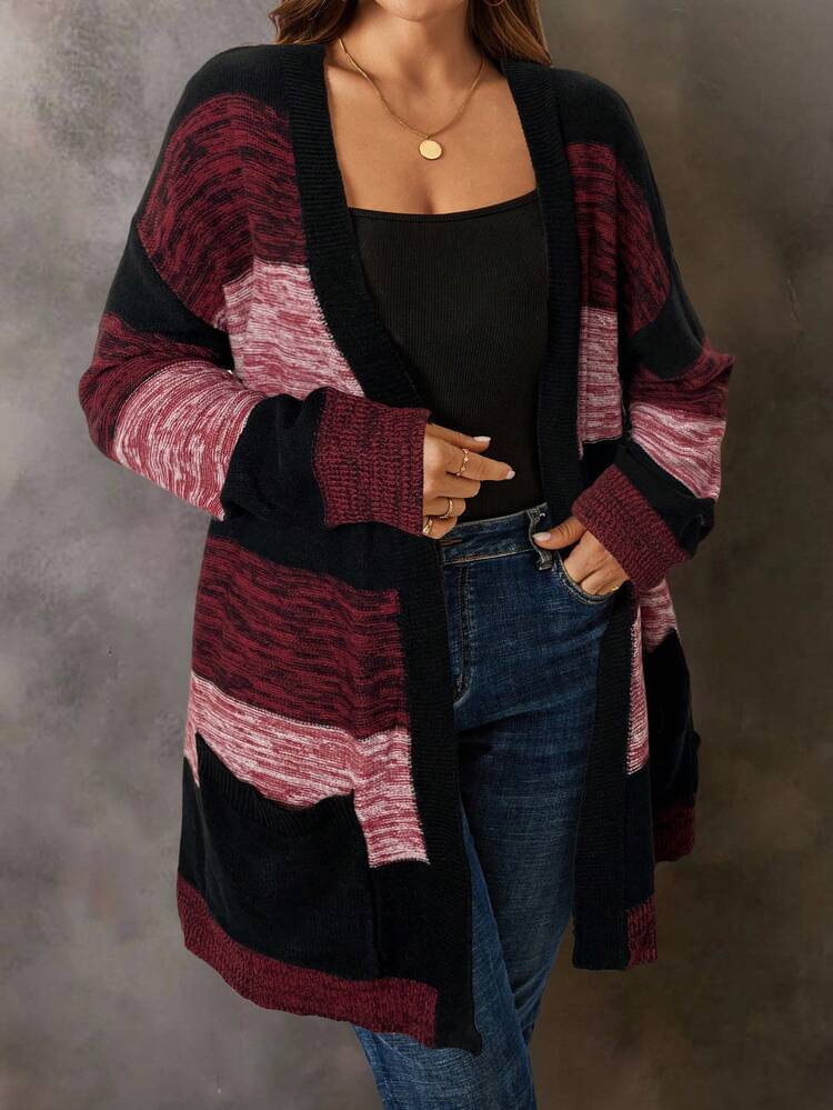 Plus Size Women's Drop Shoulder Long Sleeve Vacation Tie-Dye Striped Knit Cardigan,Winter Clothes For Women