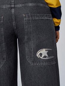 Jeanoix Plus Size Women Casual Embroidered Washed Long Pants - Dark Grey - View 7