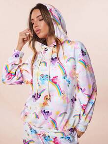 My Little Pony X SHEIN Bộ quần dài và áo hoodie rộng rãi in họa tiết thoải mái đi làm hàng ngày cho nữ, Xuân/Thu - Màu xanh lam - Xem 6