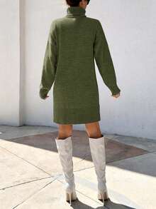 EURMUSE Women Solid Color Loose Turtleneck Drop Shoulder Sweater Dress, Autumn/Winter - Army Green - View 6