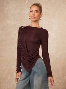 Lumalex Winter Fall Metal Decor Pleated Asymmetrical Hem Fitted Long Sleeve Women T-Shirt Luxury Prom Gathering Party Banquet Modest Old Money Coquette Glitter Holiday Party Rave Festival Outing Vacation Hot Outdoor Richly Layered Wedding Season Banquet ID Al-Adha Al-Adha Party New Year Looks Of Party Gala Night Party Dress For Autumn,Fall,Fall Clothes For Women