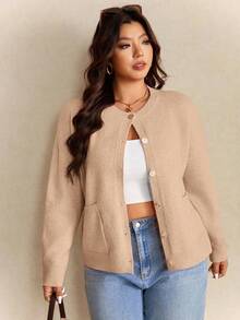 Elaquor 大码休闲法式简约宽松粉色针织开衫毛衣，适合秋冬季穿着。 - 杏色 - 查看 4