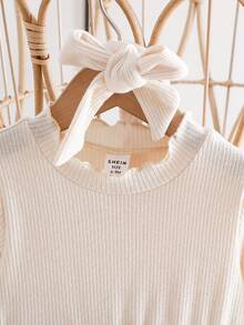 SHEIN Playful Pals Baby Girls' Ribbed Crew Neck Puff Sleeve Dress With Bow Waist, Ruffle Hem, Autumn/Halloween Holiday Occasion - Brown - View 4