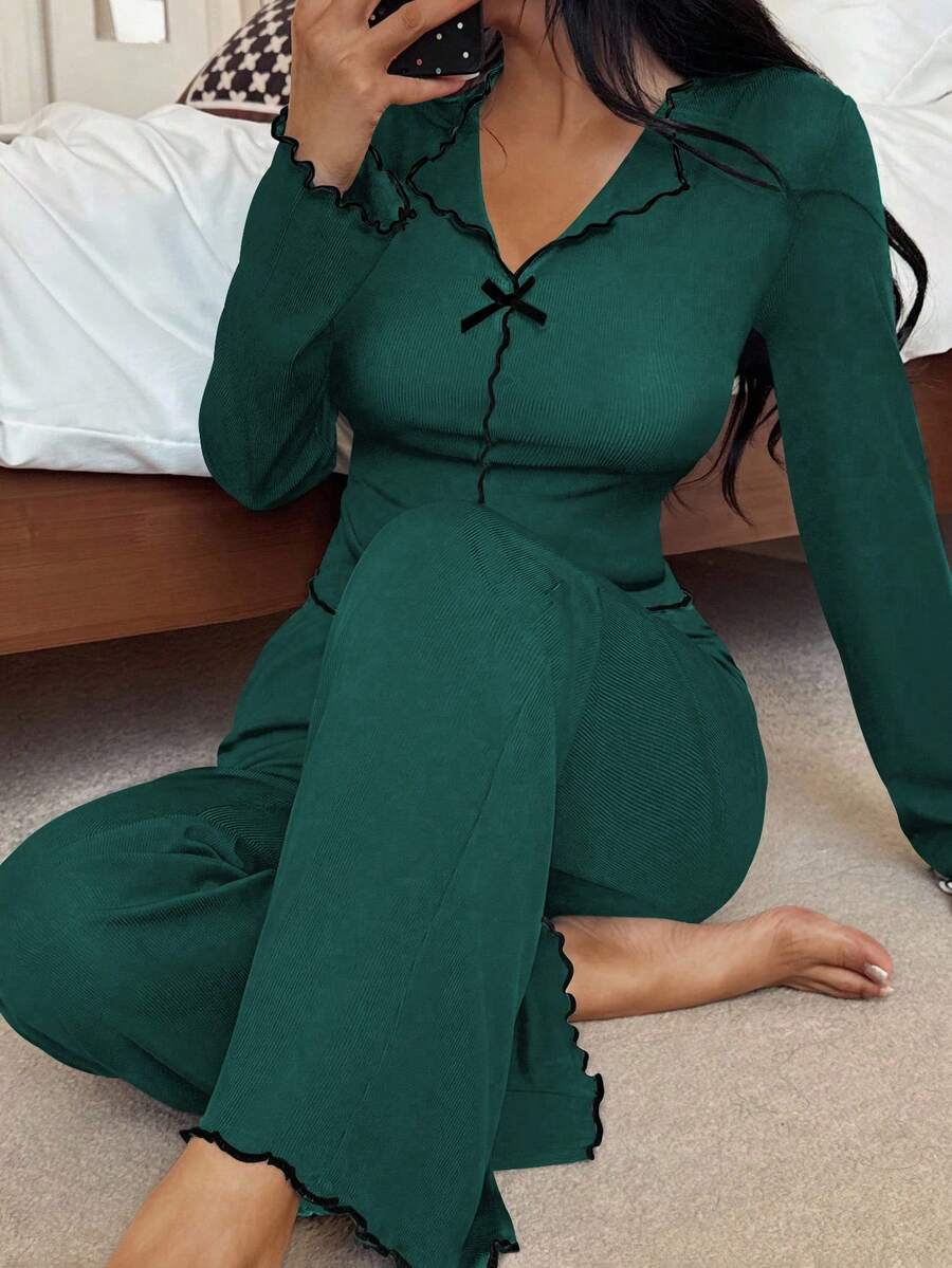 SHEIN Women's Black & White Contrast Trim Slim Fit Long Sleeve Top & Pants Pajama Clothes Set, Autumn/Winter - Dark Green - View 1