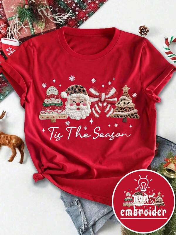 EMERY ROSE The Christmas Classic Element "Tis The Season" Pattern Printed Casual Enhanced T-Shirt