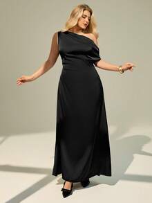 Auralis Đầm maxi thanh lịch, tối giản, màu trơn, eo bất đối xứng dành cho nữ cỡ lớn, thích hợp cho mùa hè, dự tiệc cưới. - màu đen - Xem 6
