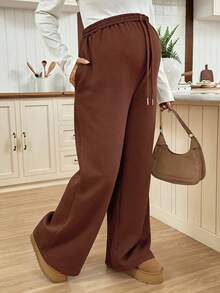 SHEIN 孕妇休闲日常通勤简约纯色高腰斜插口袋保暖宽松阔腿运动裤 - 駝色 - 查看 4