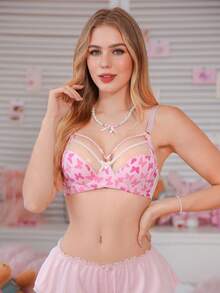 PetitDoll 1pc Women's Elegant Butterfly Print Underwire Bra - Pink - View 1