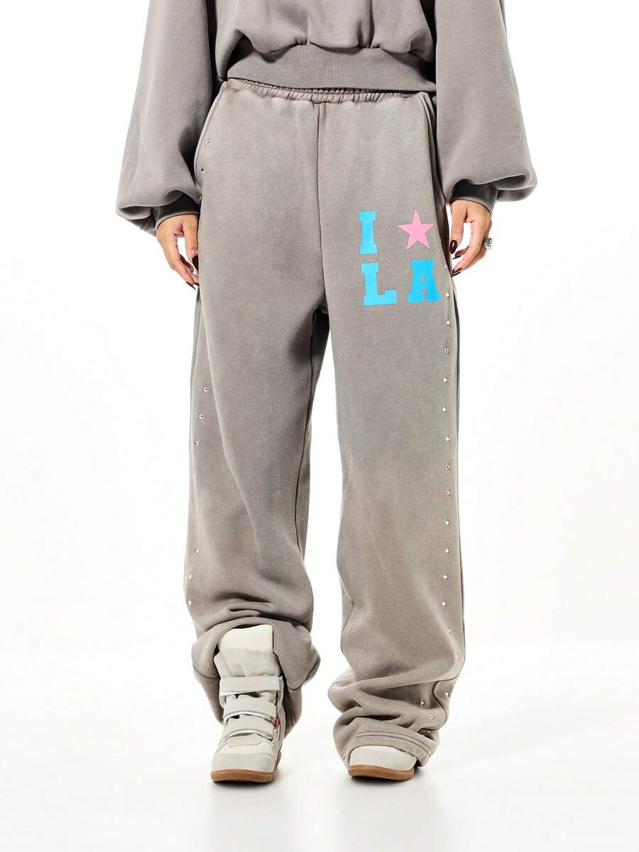 SUMWON WOMEN Quần jogger đính đinh tán cỡ lớn in hình ngôi sao và đường may pha lê bên hông dành cho nữ mặc ở nhà thường ngày - Xám - Xem 1