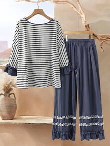 Rusticease Conjunto de camiseta con volantes en el bajo y pantalones con volantes y bolsillos, a rayas y en patchwork, para mujer talla grande, para otoño/invierno - Multicolor - Ver 2