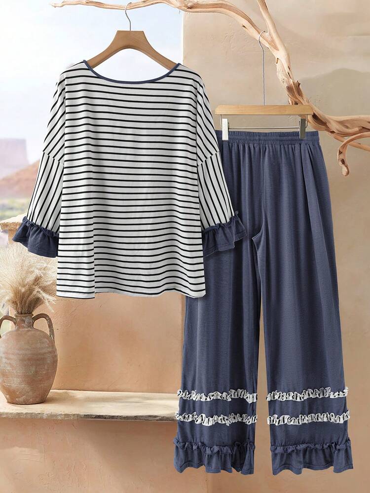 プラスサイズ レディース カジュアル ストライプ パッチワーク フリルヘム Tシャツ とフリルトリムポケット付きパンツ セット、秋冬