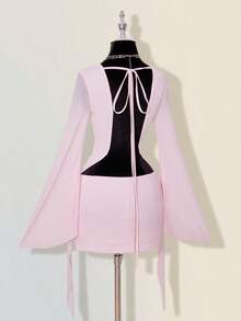 SHEIN ICON Sexy Oversized Cowl Neck Mesh Patchwork Backless Mini Dress - Pink - View 8