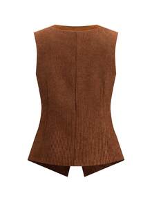 Ellevyn 女士优雅百搭衬衫式背心薄款西装外套，棕色拼布面料西装外套，复古英伦风法式优雅通勤西装外套 - 棕色 - 查看 2