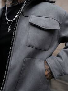 Artur Kramer 男士翻盖口袋拉链绒面革夹克，适合秋冬 - 淺灰色 - 查看 3