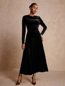 Vesra 女士优雅深V领长袖丝绒连衣裙 - 黑色 - 查看 3