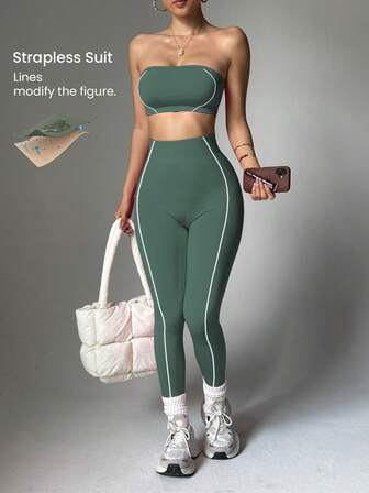 Slayform Conjunto de sujetador deportivo sin costuras y mallas a rayas blancas y moradas para mujer