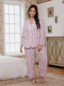CottageSlumber 大码女式碎花长袖上衣和裤子睡衣套装，冬季服装 - 彩色 - 查看 2