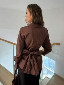 Easowa Elegant Women's Cotton Elegant Commuter Brown Top Tie Waist Blouse Stylish Long Sleeve Top Business Going Out Top - Redwood - View 2