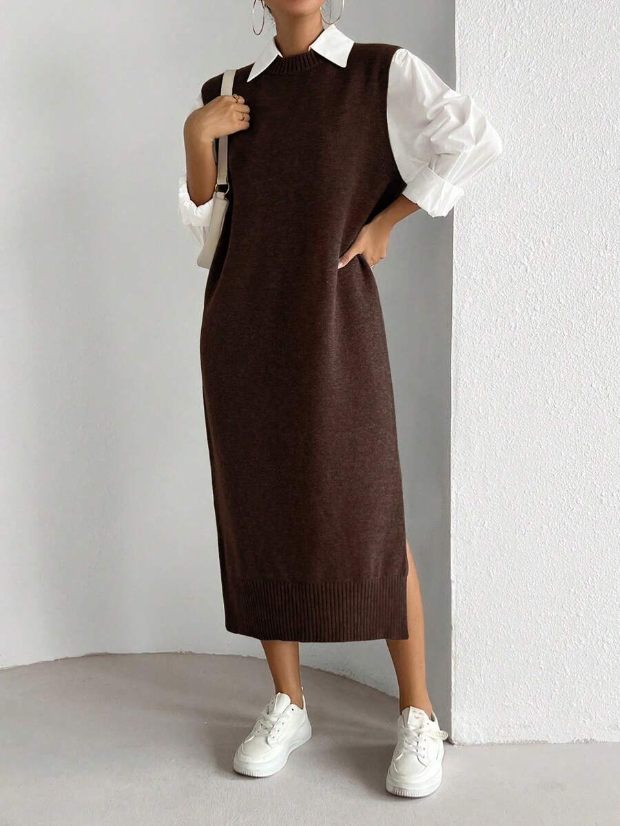SHEIN LUNE Women's All-Match Versatile Commuter Long Dress - Coffee Brown - View 1