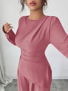 SHEIN Raffinéa 2 件女士纯色褶皱下摆不对称下摆长袖套装端庄两件套 2 件休闲套装女士两件套女士优雅长袖女士优雅 - 藕粉色 - 查看 7