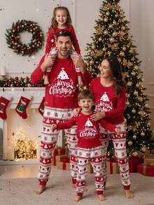 SHEIN 2 件套圣诞树和雪花印花长袖上衣和裤子休闲睡衣套装，适合小男孩 - 彩色 - 查看 7