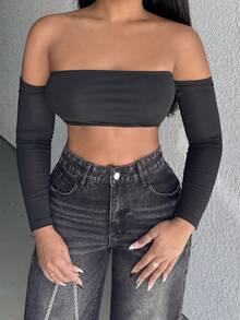 Alexandranx Solid Off Shoulder Crop Off Shoulder Top
