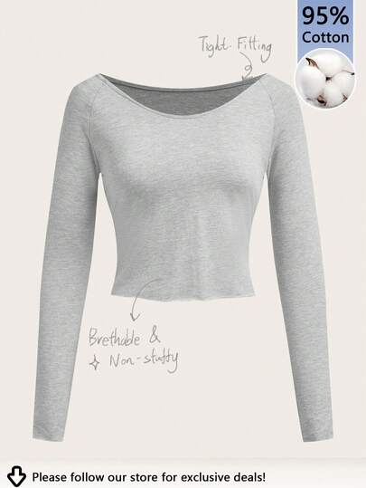 Tseoso 95% Cotton Fitted V-Neck Long Sleeve Solid Color Knit T-Shirt For Women, Daily Commute Suitable For Autumn/Winter, Layering, Casual & Sporty, Sports, Fitness,Gym,Back To School, Cozy Chic, Slim And Ve