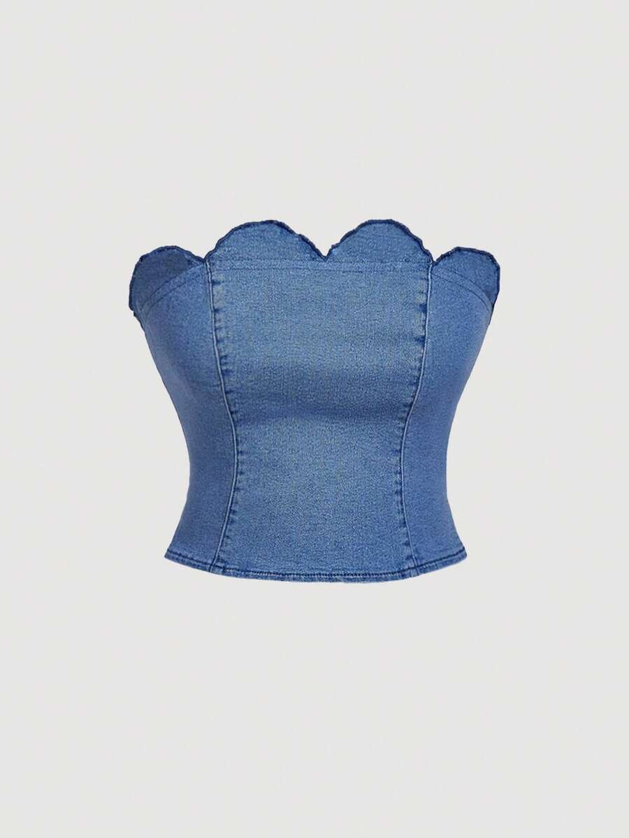 SHEIN MOD Áo hai dây denim cắt cúp Y2K dành cho nữ - Màu xanh lam - Xem 1
