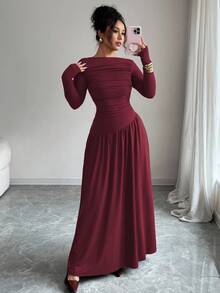 Elenzga 女士牛奶丝针织弹力露肩褶裥前腰A字宽松长袖连衣裙，优雅法式浪漫风，适合办公室、通勤、街头穿着、冬季穿着，百搭实用 - 酒紅色 - 查看 8