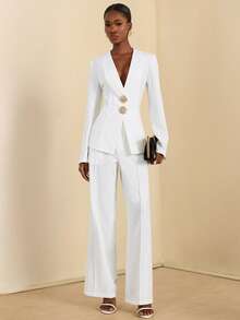 SHEIN Veneréa Damen elegantes Set aus V-Ausschnitt Langarm Top und Hose - Weiss - Übersicht 6