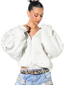 SUMWON WOMEN Oversized Boxy Zip Through Studded Hoodie With Metal Eyelets For Casual Winter Streetwear - Light Grey - View 5