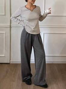 DAZY Women's Casual Striped Top And Solid Color Pants Pajama Set, Autumn/Winter - Black - View 4