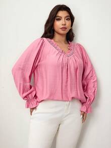 Enliva 大码女式秋季长袖V领拼接蕾丝边宽松衬衫，波西米亚假日风，女士秋季上衣/秋冬款，适合苹果型圆臀身材/2026/新年 - 玫紅色 - 查看 2